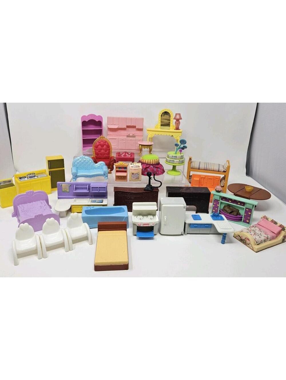 32 Piece Mixed Items & Eras Lot of All Vintage Plastic Dollhouse Furniture
